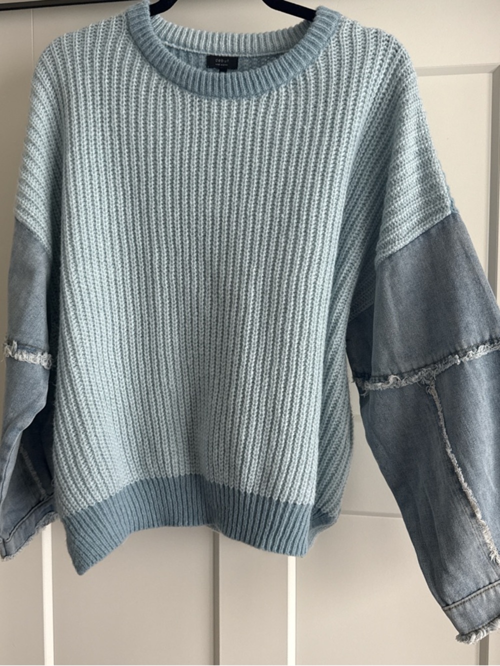 NWOT Debut Blue Knit Sweater with Denim Sleeve Detail